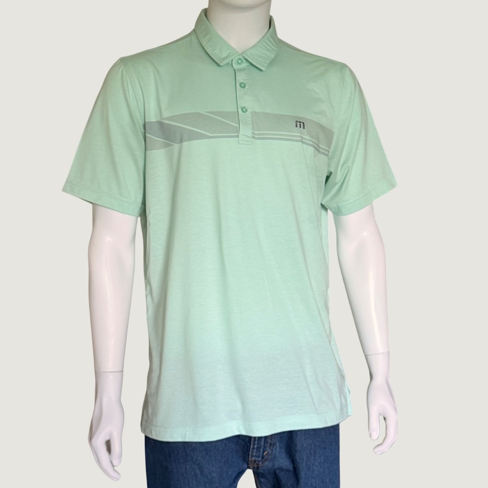 TravisMathew Mens Mint Green Short Sleeve Graphic Chest Stripe Polo Shirt Size L